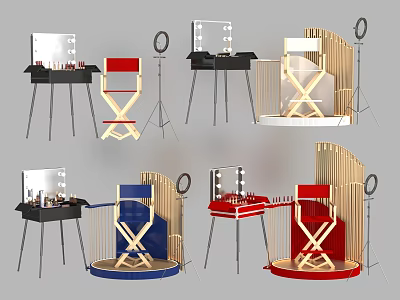 Colorful Makeup Stations With Director Chairs Ring Lights And Wooden Frames 3d model