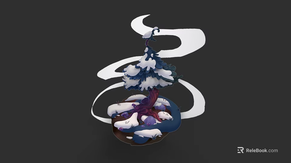 Snow Covered Arbor With Purple Trunk And White Swirling Decorations On Dark Background 3d model 