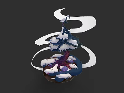 Snow Covered Arbor With Purple Trunk And White Swirling Decorations On Dark Background 3d model