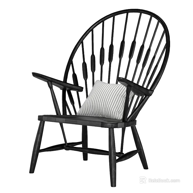 Black Leisure Chair with Slatted Back Curved Armrests and Striped Cushion 3d model 