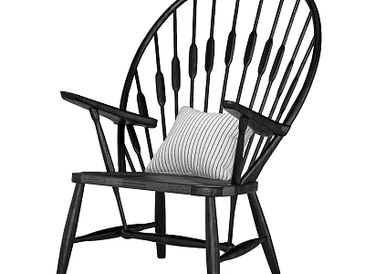 Black Leisure Chair with Slatted Back Curved Armrests and Striped Cushion 3d model