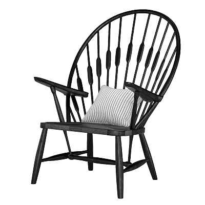 Black Leisure Chair with Slatted Back Curved Armrests and Striped Cushion 3d model