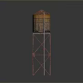 Vintage Water Tower with Red Roof Metal Frame and Ladder Structure
