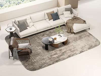 White L Shaped Sofa Coffee Table Set With Decorative Pillows Throw Blanket And Grey Rug 3d model
