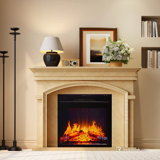Cozy Fireplace with Mantel Featuring Lamp Framed Picture Flowers and Near Bookshelves 3d model 
