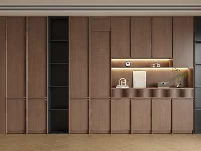 Modern Wooden Sideboard Cabinet With Brown Finish LED Lighting Open Shelf And Storage Drawers 3d model