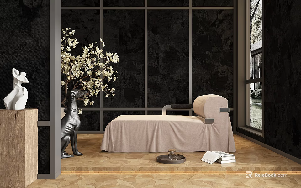 Beige Chaise Lounge in Interior with Black Textured Wall Wooden Floor and White Flowers 3d model 
