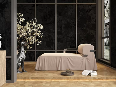Beige Chaise Lounge in Interior with Black Textured Wall Wooden Floor and White Flowers 3d model