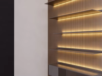 Modern Wooden Bookshelf With LED Lighting And Layered Shelves Design 3d model