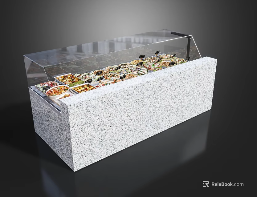 Food Display Case With Transparent Glass Cover Filled With Various Fresh Dishes And Granite Countertop 3d model 
