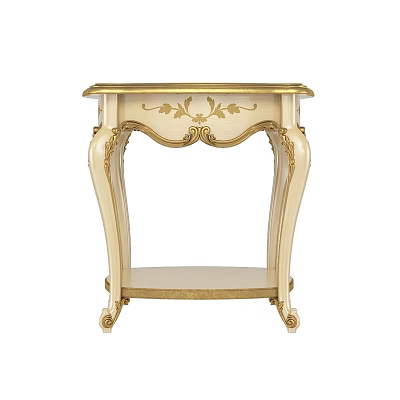 Ornate Light Colored Table With Gold Carved Details And Lower Shelf 3d model