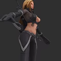 Game Movie Character With Blonde Hair Black Outfit Gray Accents Sheer Sleeves And Combat Armor