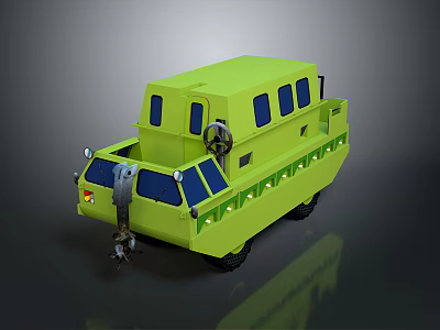 Green Two Level Amphibious Utility Vehicle With Windows Wheels And Lights 3d model