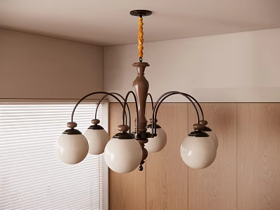 Wooden Chandelier With Metal Arms And Five White Glass Shades In Room With Wooden Cabinets And Window Blinds 3d model