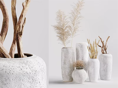 White Speckled Vases In Various Shapes With Dried Branches Pampas Grass And Flowers 3d model