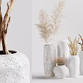 White Speckled Vases In Various Shapes With Dried Branches Pampas Grass And Flowers