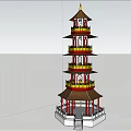 Traditional Chinese Multi Story Tower with Red Columns Yellow Railings Curved Eaves on White Platform
