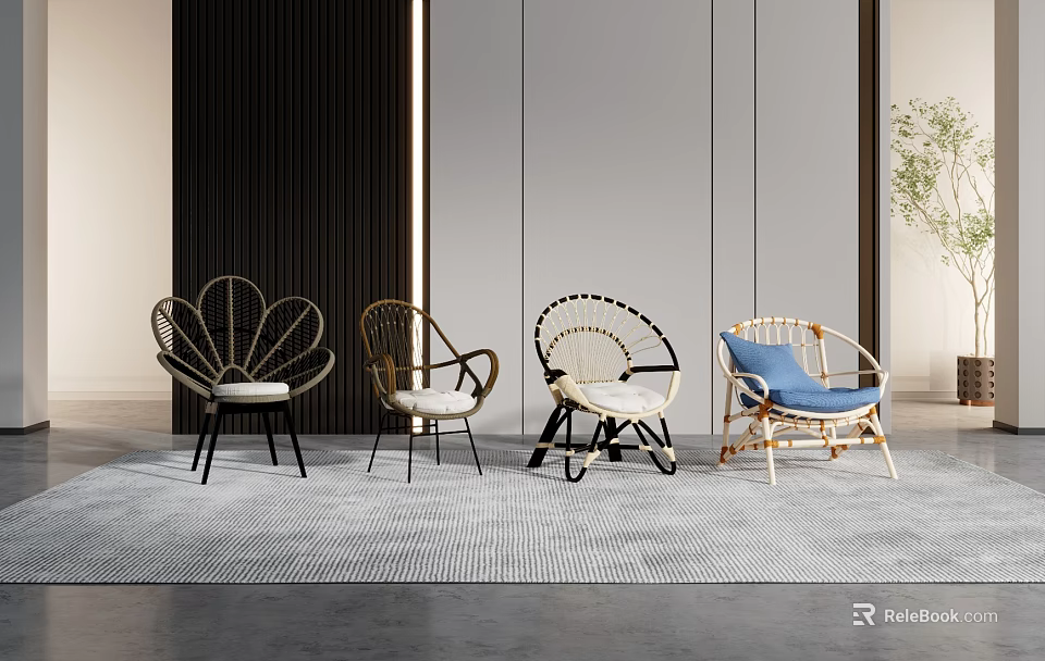 Stylish Rattan Leisure Chairs With Different Designs And Blue Cushion In Modern Interior 3d model 