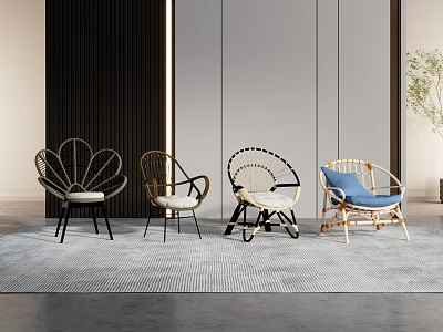 Stylish Rattan Leisure Chairs With Different Designs And Blue Cushion In Modern Interior 3d model