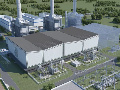 Industrial Factory Building With Cooling Towers Chimneys Electrical Equipment And Green Surroundings 3d model