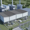 Industrial Factory Building With Cooling Towers Chimneys Electrical Equipment And Green Surroundings