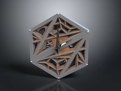 Modern Hexagonal Wall Clock With Geometric Pattern Wooden Panel And Metal Frame For Home Living Decor 3d model