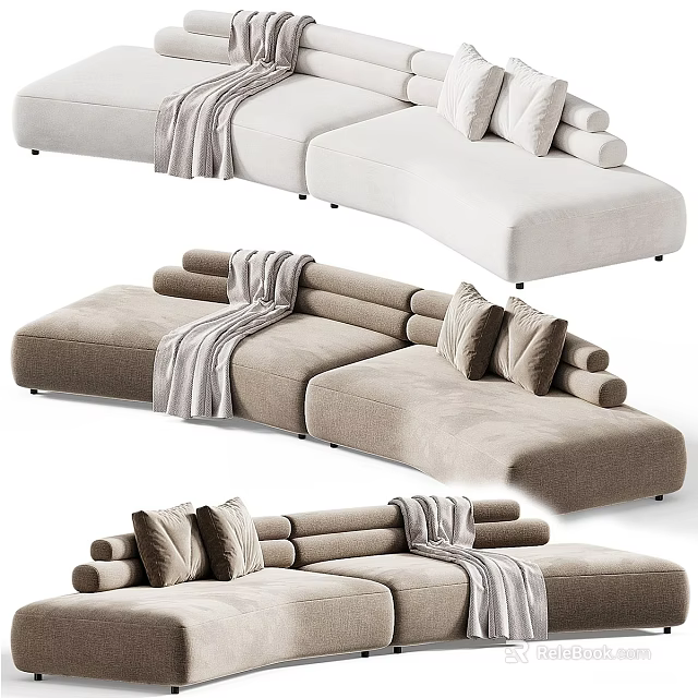 Modern Beige And Brown Sectional Sofa With Plush Pillows Throw Blankets 3d model 