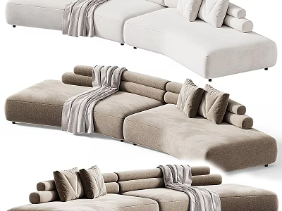 Modern Beige And Brown Sectional Sofa With Plush Pillows Throw Blankets 3d model