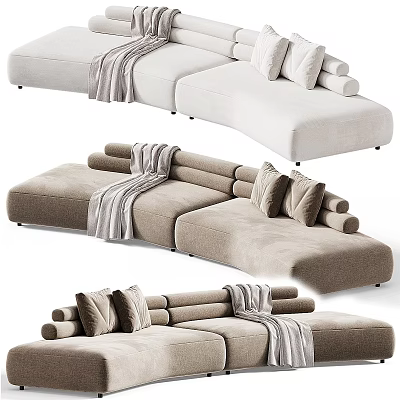 Modern Beige And Brown Sectional Sofa With Plush Pillows Throw Blankets 3d model