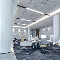 Modern Bright Public Office Space with White Desks Blue Sofa Large Windows and Gray Carpet