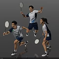 Group of Badminton Players in Sportswear with Rackets Performing Dynamic Moves