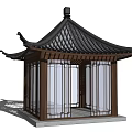 Traditional Chinese Wooden Pavilion With Black Tiled Roof Overhanging Eaves Glass Windows And Stone Base