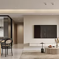 Modern Living and Dining Room Interior With Leather Sofa Round Coffee Table TV and Bookshelf