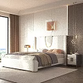 Modern Bedroom Interior With White Geometric Headboard Floor-to-Ceiling Window Wooden Wall Nightstand And Table Lamp