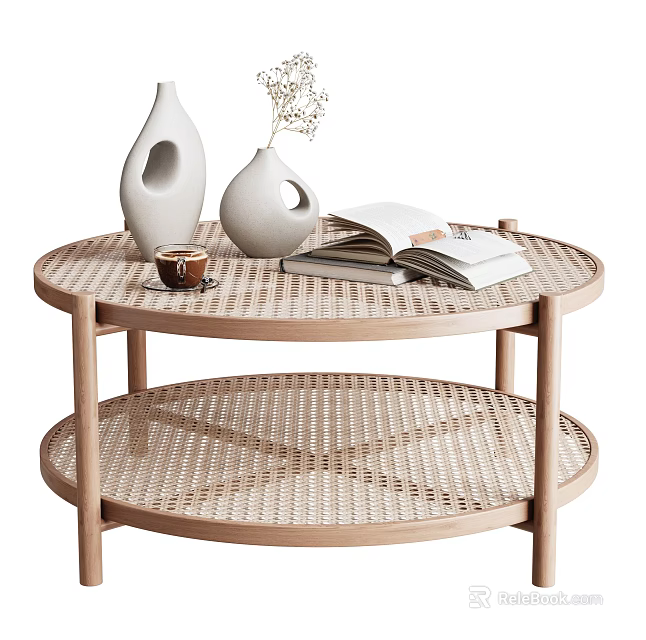 Round Woven Coffee Table With Two Tier Wooden Legs White Vases Coffee Cup Open Book 3d model 