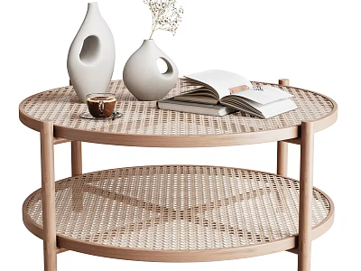 Round Woven Coffee Table With Two Tier Wooden Legs White Vases Coffee Cup Open Book 3d model