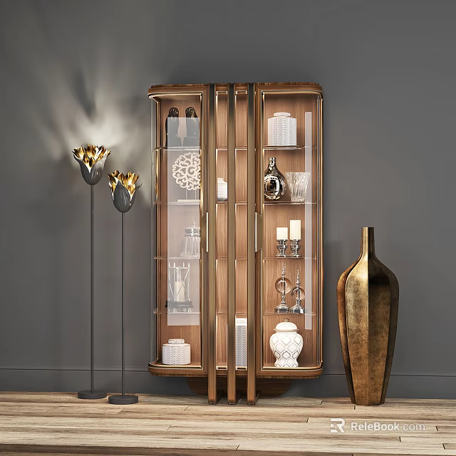 Elegant Decorative Cabinet with Glass Doors and Wooden Frame Showcasing Ornaments Vases Beside Floor Lamps 3d model 