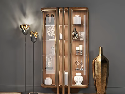 Elegant Decorative Cabinet with Glass Doors and Wooden Frame Showcasing Ornaments Vases Beside Floor Lamps 3d model