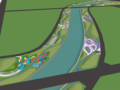 Waterfront Landscape Design With River Green Spaces Winding Paths And Colorful Recreational Areas 3d model