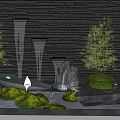 Natural Landscape Feature Wall With Water Columns Green Plants And Rocks