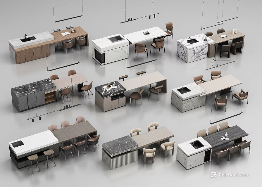 Modern Sideboard Designs In Various Styles With Wooden And Marble Tops And Dining Chairs 3d model 