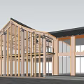 Traditional Sloped Roof Homestay Building With Wooden Structure And Large Glass Windows