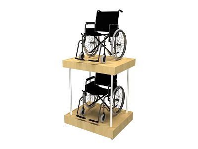 Two Tiered Wooden Display Rack Displaying Black Wheelchairs On Shelves 3d model
