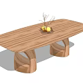 Natural Wooden Dining Table With Curved Legs And Fruit Basket On Wood Grain Top