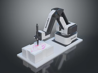 RoboArm Drawing Biological Pattern with Pink Lines on White Base Platform 3d model