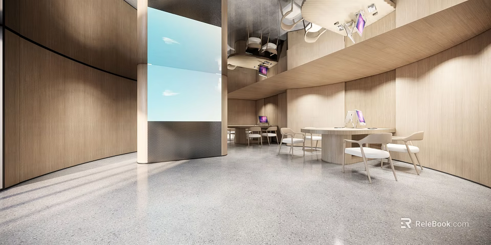 Modern Public Office Space Interior With Open Design Wooden Walls Glass Partition Desks And Chairs 3d model 