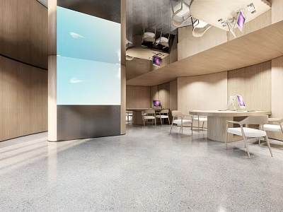 Modern Public Office Space Interior With Open Design Wooden Walls Glass Partition Desks And Chairs 3d model