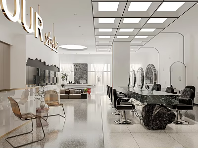 Modern Hair Beauty Salon Interior With Marble Counter Mirrors And Black Chairs 3d model