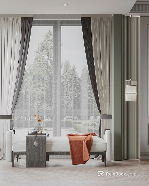 Elegant Modern Ottoman In Room With Large Window Sheer Curtains And Decorative Items 3d model 
