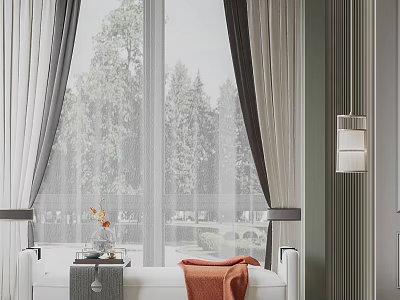 Elegant Modern Ottoman In Room With Large Window Sheer Curtains And Decorative Items 3d model